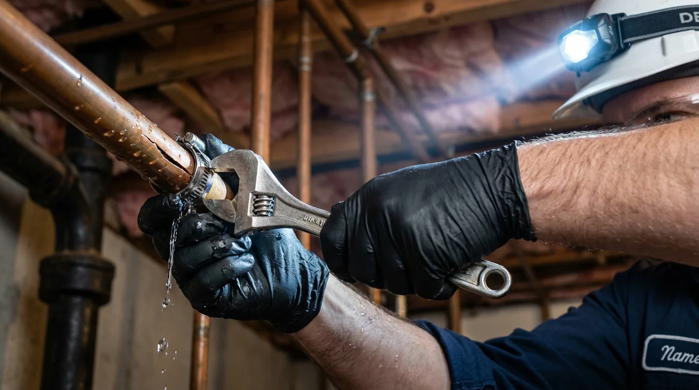 Emergency pipe clamp repair being performed by a Johns Plumbing LLC plumber in Randallstown