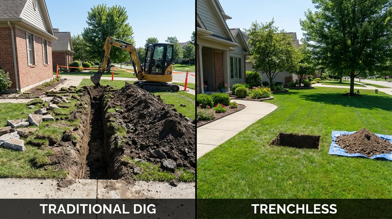 Trenchless sewer repair with minimal yard damage versus traditional excavation in Randallstown, MD