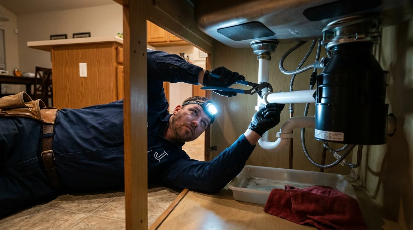 P-trap and supply line connections under a kitchen sink showing a common leak point in Randallstown, MD